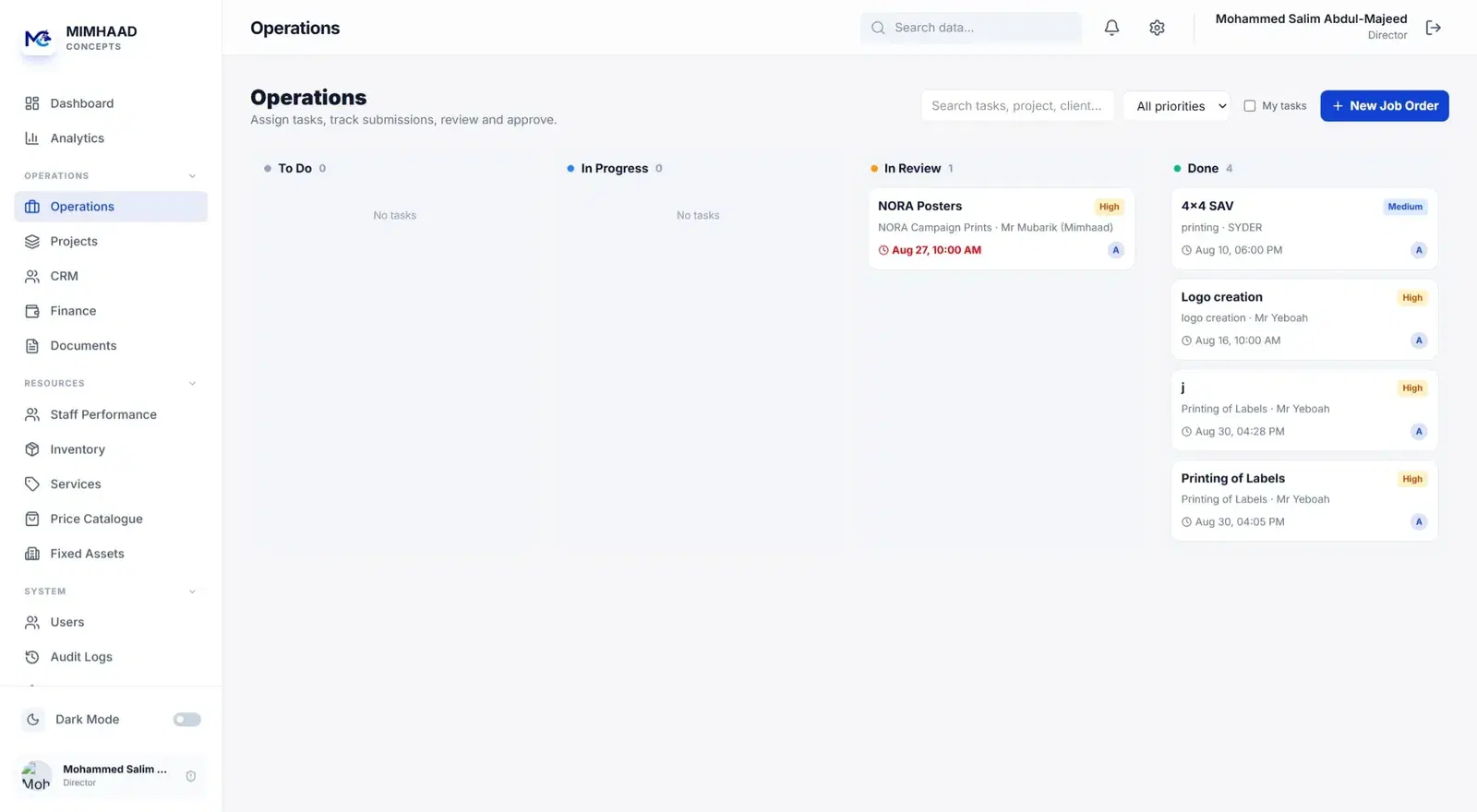 Mimhaad Concepts: Operations system for Mimhaad Concepts, covering projects, tasks and finance.