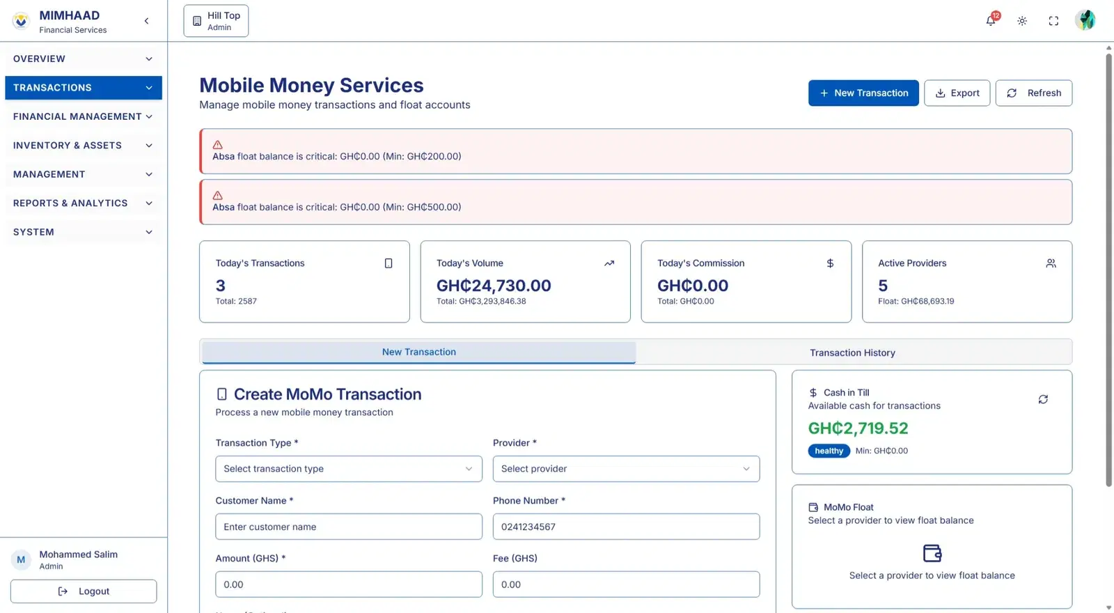 Mimhaad Finance: Finance operations system for Mimhaad Finance, including mobile money transactions.