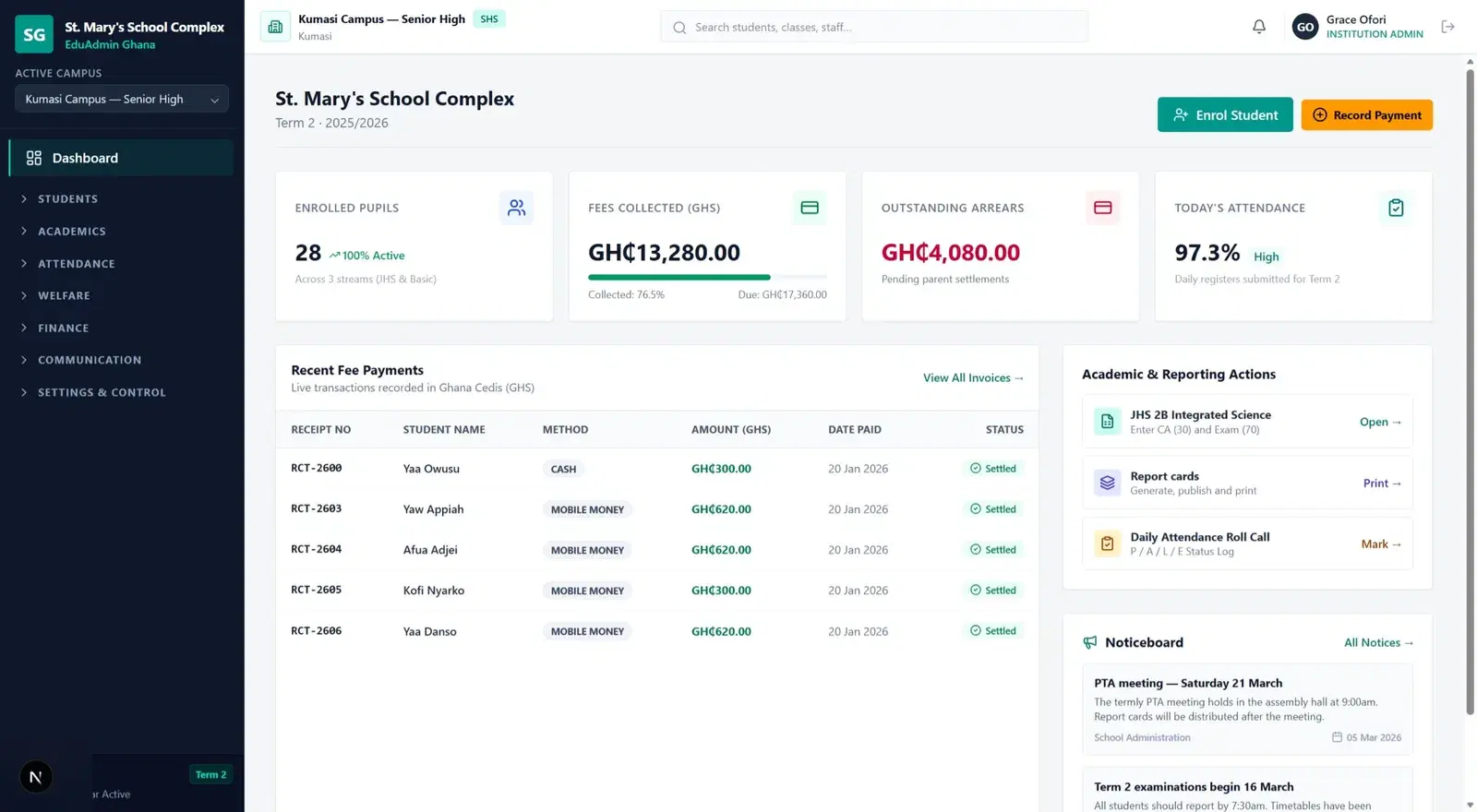 School management platform: Fees, attendance and academic records for a school.