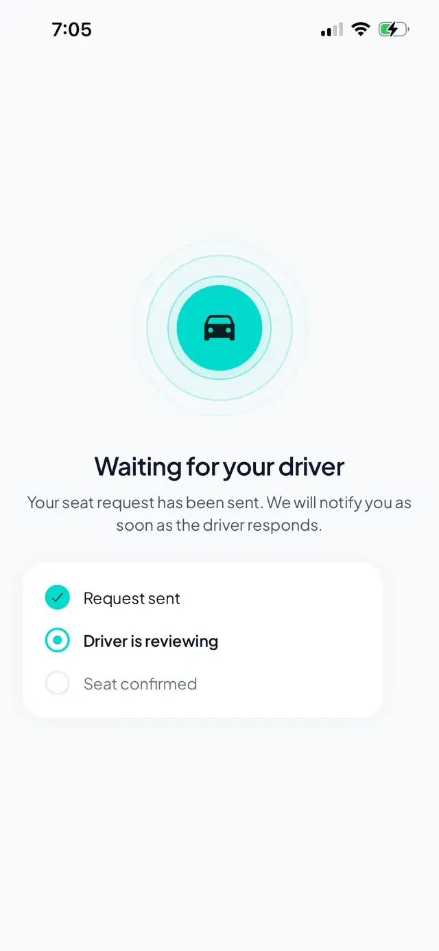 The Smasly app showing a seat request waiting for the driver to respond